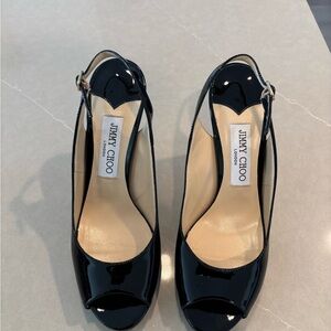 Jimmy Choo Black Patent Leather Peep-Toe Heels